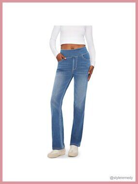 High Rise Stretchy Bootcut Jeans - Pull On Elastic Waist Denim